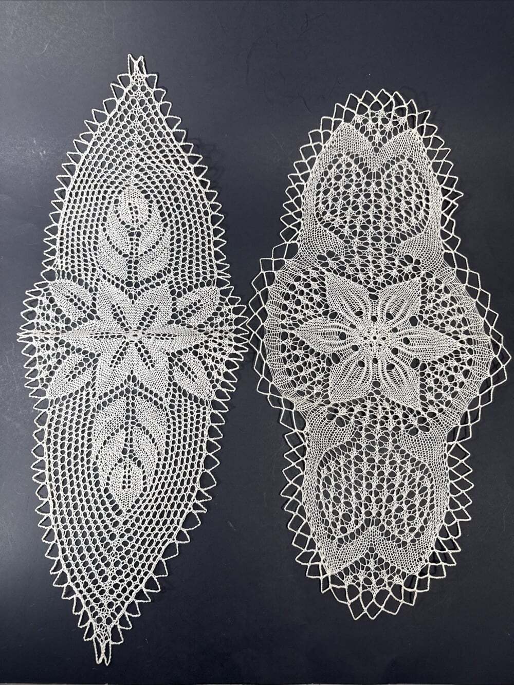 Pair Vintage Oval Hand Crocheted Lace Doilies Crocus Floral E1